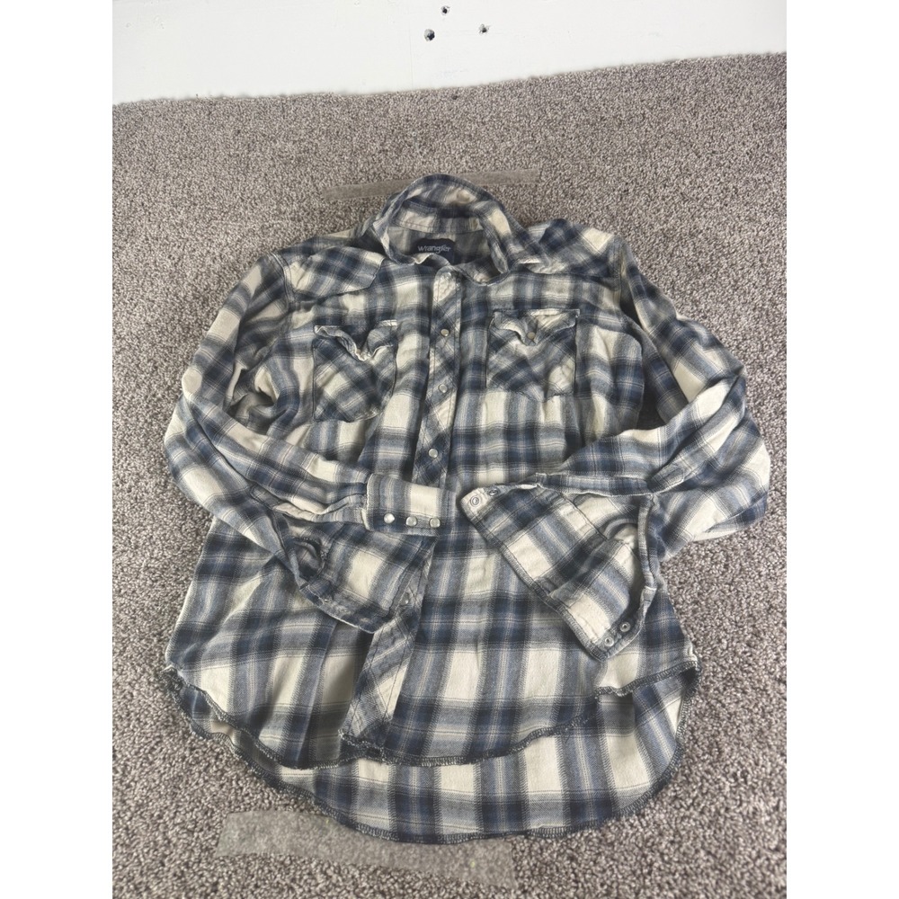 Wrangler Mens Blue Plaid Long Sleeve Western Pearl Snap Flannel Shirt L